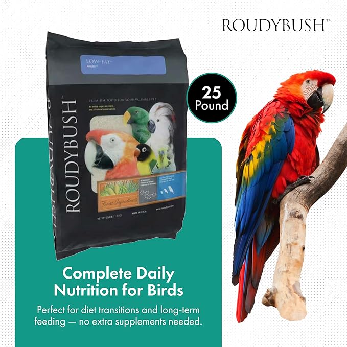 Roudybush Low Fat Food for Adult Birds & Chicks - Scientifically Formulated Bird Feed - Bird Food Pellets w/ Corn, Wheat, Soy & More - Nutritious & Healthy Feed for Birds (Nible, 25lb)