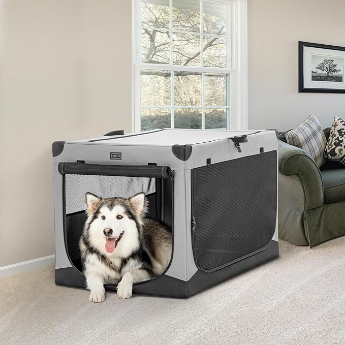 PETSFIT 40" Soft Portable Dog Crate – Patented Spiral Sturdy Frame, Collapsible Travel Kennel for Large Dogs, 3 Mesh Door, Lockable Zippers, Indoor & Car Use Gray