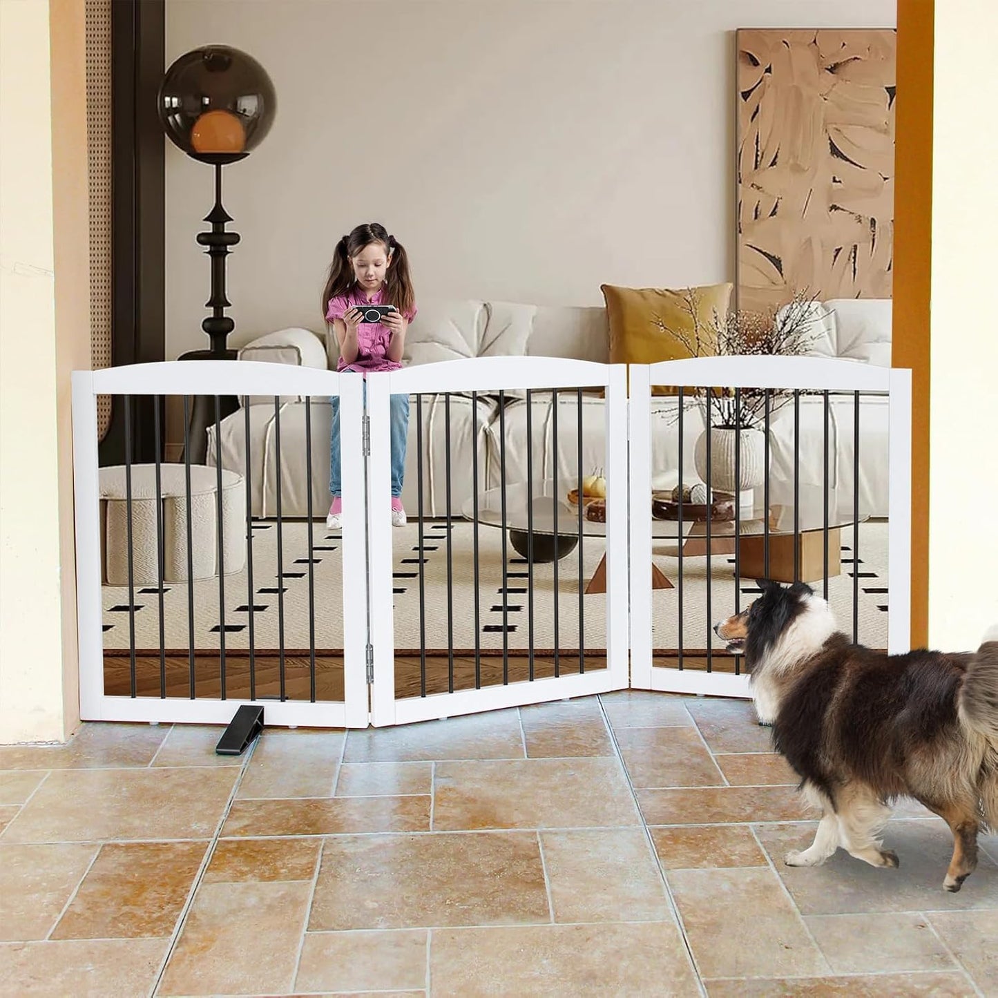 ZJSF Freestanding Panel Dog Gate for Indoor, Doorways,Stairs, or Hallways,Foldable Wooden White Pet Gates for House,Pet Gate for Dogs,Dog Fence, Puppy Gate,Support Feet Included,24 "Height-3 Panels