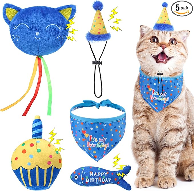 BINGPET Cat Birthday Catnip Toys for Indoor Cats, 5 Pcs Cat Birthday Gift Kitten Interactive Toy for Boy Girl Cats, Soft Plush Catmint Kitty Chew Kick Toy, Hat, Bandana, Balloon, Cake, Fish, Dark Blue