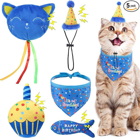 BINGPET Cat Birthday Catnip Toys for Indoor Cats, 5 Pcs Cat Birthday Gift Kitten Interactive Toy for Boy Girl Cats, Soft Plush Catmint Kitty Chew Kick Toy, Hat, Bandana, Balloon, Cake, Fish, Dark Blue