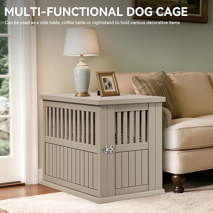 YITAHOME Plastic Dog Crate, Furniture-Style Nightstand & Side Table, Waterproof Indoor Kennel for Small to Medium Dogs, Brown