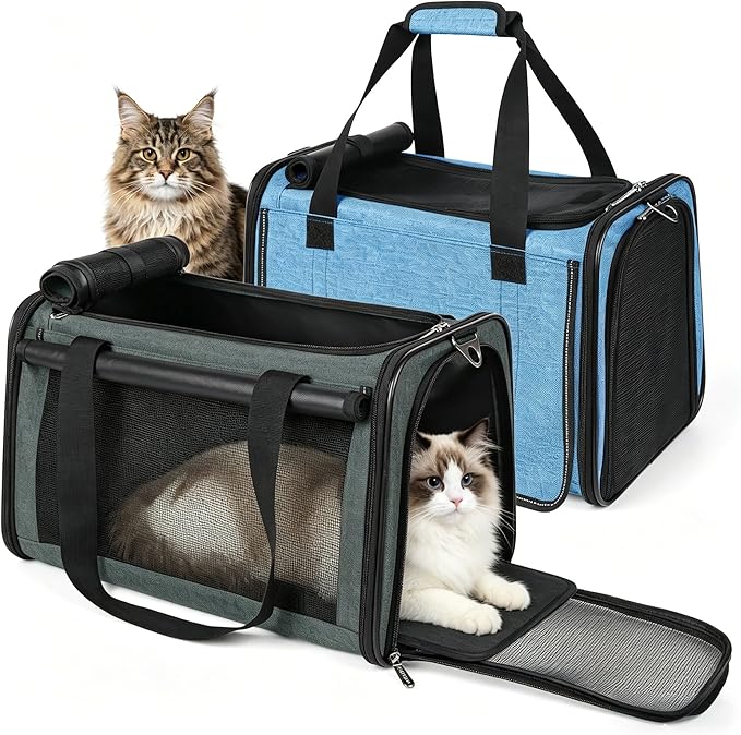 YUDODO 2 Packs 25 lbs Lightproof Soft Sided Pet Carrier for Large Cat & Small Dog Airline Approved Travel Bag Puppy Carriers with Side Pockets & Reflective Mesh, Foldable Portable Lake Blue+Grey Green