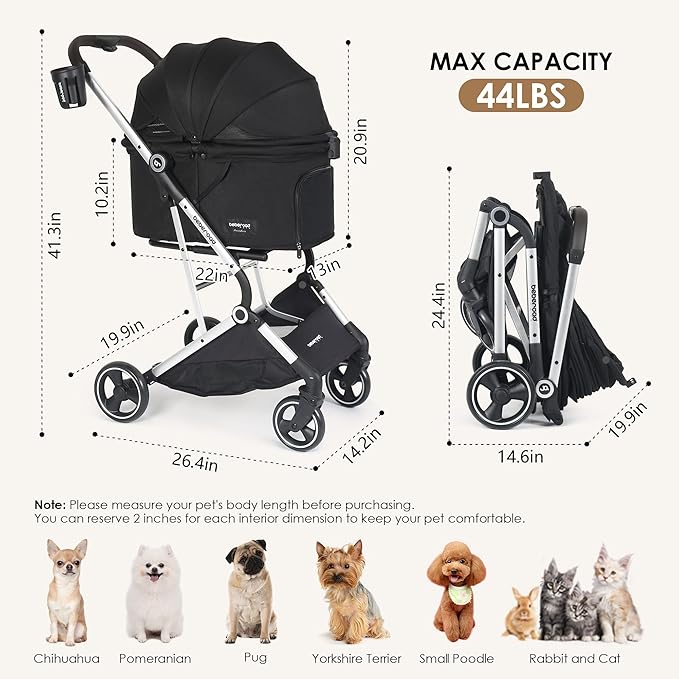 T4 Pet Stroller for Small Medium Dogs, Cat Strollers for 2 Cats, 4 Wheels Folding Pet Stroller for Cats with Pad, Canopy and Cup Holder, Black