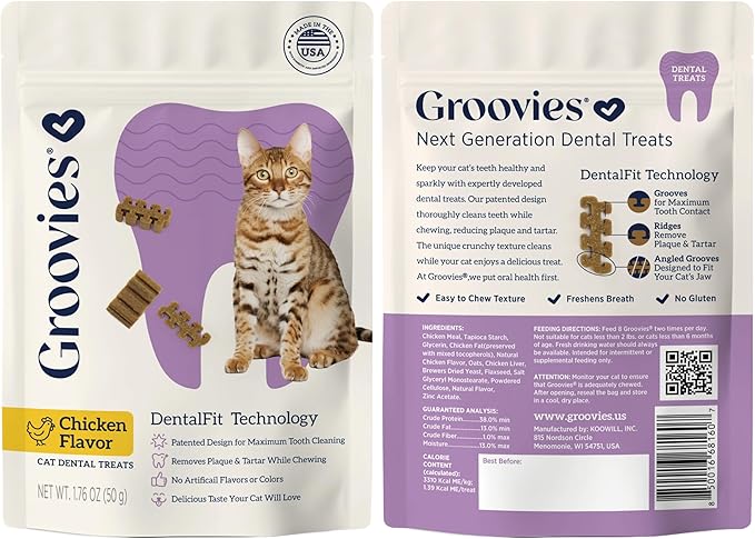 Groovies Cat Daily Dental Treats. Tasty, Crunchy Bites Cats Love. Powered by USA-Patented DentalFit Tech. No Gluten or Artificial Flavors or Colors. 1.76oz Each bag- (2 pack) of (1)Chicken & (1)Salmon