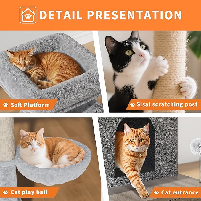 GarveeLife Litter Box Enclosure with Cat Tree, 2-in-1 Modern Cat Tower, Hidden Washroom Furniture, Wood Cat Condo with Scratching Post and Hammock, Indoor Pet Furniture with Multiple Platform, Grey