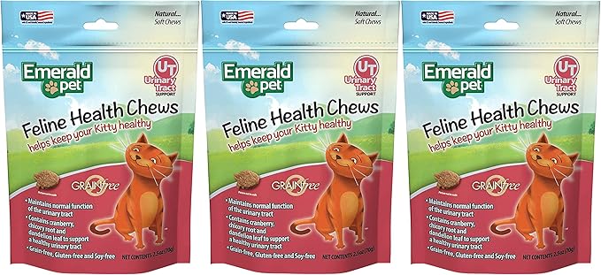 Emerald Pet 3 Pack of Urinary Tract Support Feline Health Chews, 2.5 Ounces Each, Grain-Free, Made in The USA