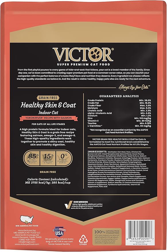 VICTOR Super Premium Cat Food – Grain Free Healthy Skin & Coat - Dry Kibble for Indoor Cats – High Protein - 38% Protein, 18% Fat - Made with Salmon and Fish Meal – All Breeds & All Life Stages, 5lb
