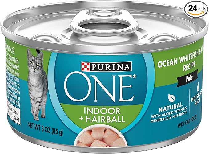 Purina ONE Indoor, Natural, High Protein Pate Wet Cat Food, Indoor Advantage Ocean Whitefish & Rice - (24) 3 oz. Pull-Top Cans