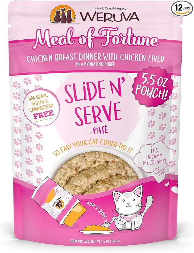 Weruva Wet Cat Food, Meal of Fortune Chicken with Chicken Liver Pate, 5.5oz Slide N Serve Pouch, Pack of 12
