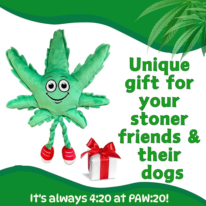 My Name is MJ, Cute Stuffed Parody Marijuana Leaf Dog Toy, Funny Squeaky Weed Toy, Cool Plush Novelty 420 Gift for Puppies & Small, Medium & Large Breeds, for Fetch & a Photo Prop, Shelf-Sitter