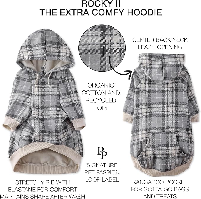 Pet Passion Rocky II - The Extra Comfy Hoodie, Organic Cotton and Recycled Poly Dog Hoodie Pet Coat Sweater for Small, Medium, Large Dogs, Gray Chesterfield Plaid, XXX-Small (up to 5lbs)
