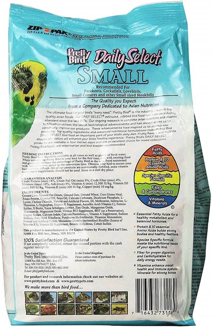 Pretty Bird Daily Select Premium Bird Food for Small Birds, Parakeets and Cockatiels, 2 lb Bags, 2 Pack