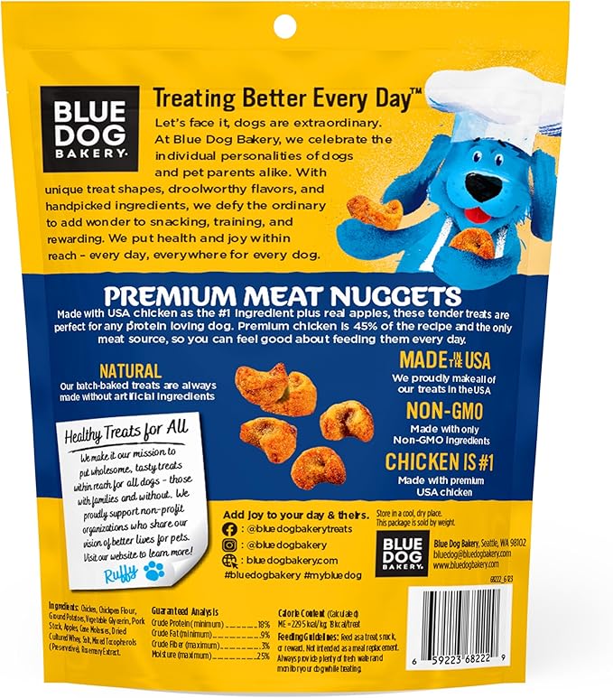Blue Dog Bakery Protein Nuggets Snack | Small, Soft & Chewy Chicken & Apple Flavor | Natural Healthy Dog Treats, 6 oz (Pack of 8)