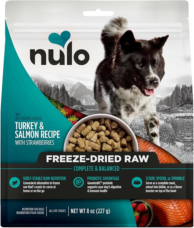 Nulo Freeze-Dried Raw Turkey & Salmon Recipe with Strawberries Complete and Balanced Dry Dog Food Kibble, 8 Ounce Bag