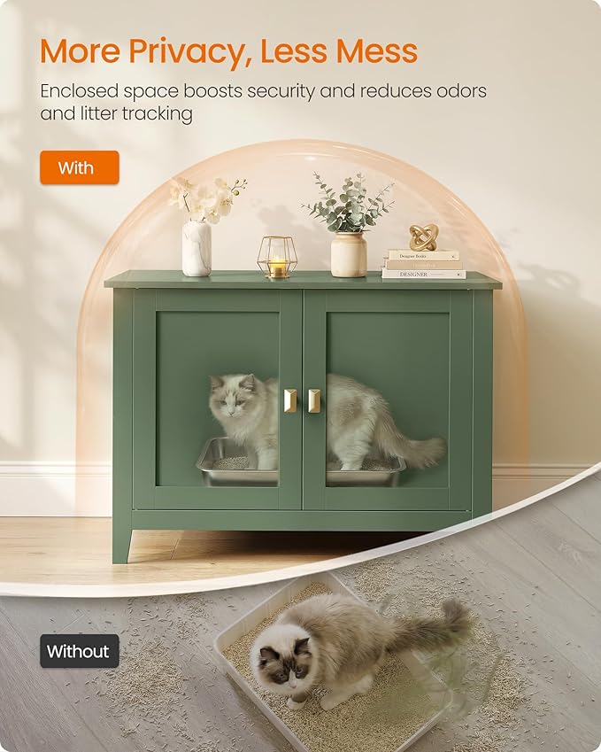Feandrea Cat Litter Box Enclosure, Modern Hidden Cat Litter Box Furniture, Double Doors, Handles, Indoor Pet House Washroom, Living Room Side End Table, Forest Green UPCL015CH01