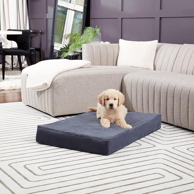 Happy Hounds Oscar Rectangle Orthopedic Foam Sherpa Dog Bed, Small (36 x 24 in.), Prussian Blue