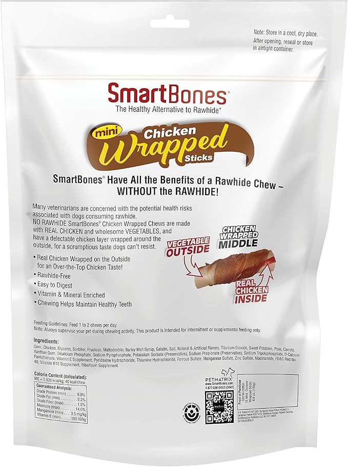 SmartBones Mini Chicken-Wrapped Sticks with Real Chicken and Vegetables, Rawhide-Free Chew for Dogs, 15 Count