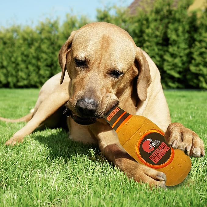 Pets First NFL Cleveland Browns Beer Bottle Plush Dog&CAT Squeak Toy-Cutest Stadium SODA Bottle Snack Plush Toy for Dogs&Cats with Inner Squeaker & Beautiful Football Team Name/Logo 10 x 3 x 3 Inches