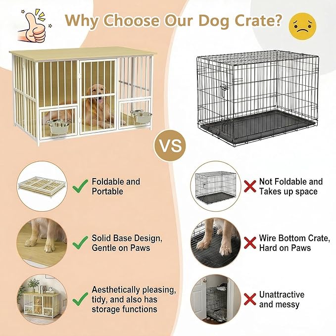 Hadulcet Foldable Dog Crate Furniture, 41'' No Assembly Indoor Dog Kennel with Storage Top, Wooden Dog Crate Table for Small to Medium Dogs, Furniture Style Dog Cage with 2 Bowls Oak