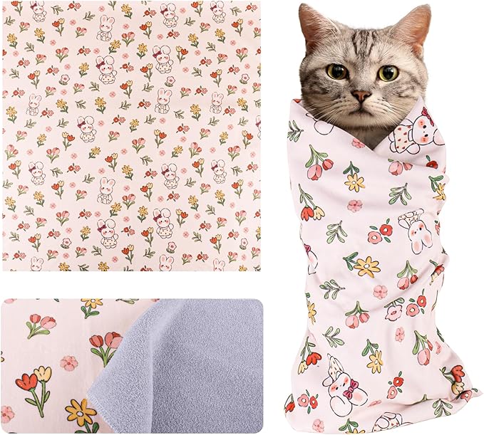 Cat Wrap for Cutting Nails and Grooming,Cat Restraint Wrap for Nail Clipping,Self-Adhesive Fabric Cat Swaddle Burrito Wrap for Nail Trimming (Rabbit Style)