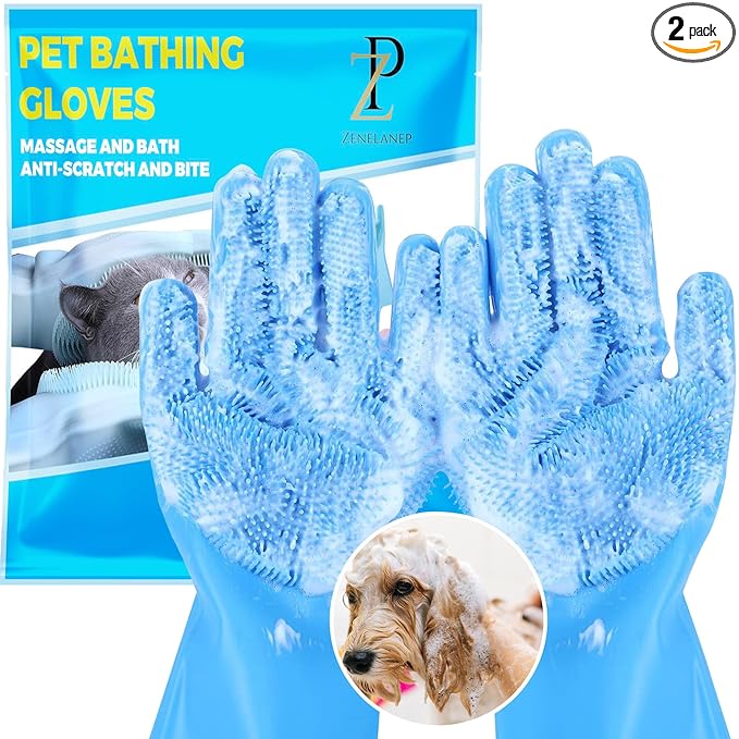 High-Density Silicone Pet Grooming Gloves with Enhanced Five Finger Design for Bathing, Massaging Dogs and Cats (Blue)