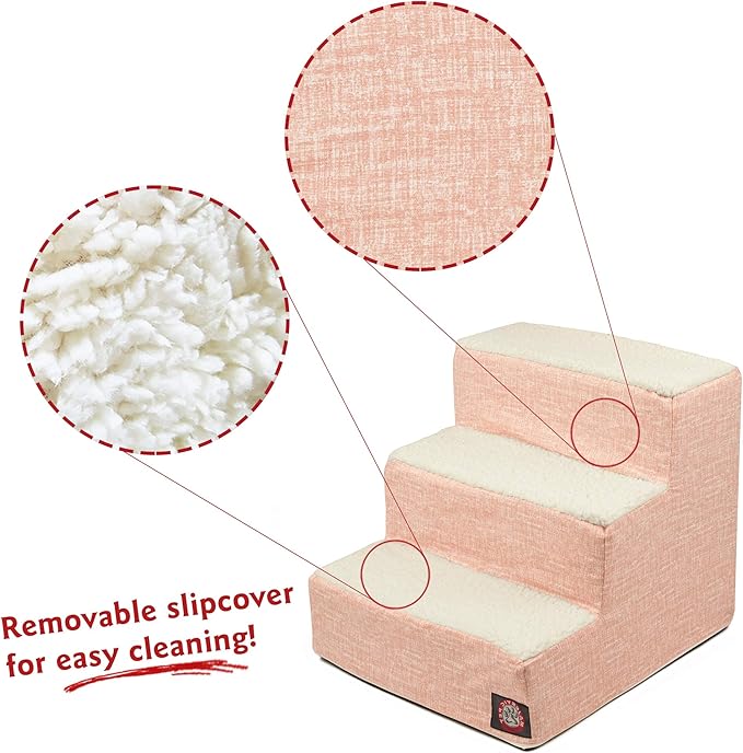 Majestic Pet 3 Step Portable Dog Stairs for Small Dogs to get on Bed Supports 25 lbs or Less – Dog Steps for High Bed with Machine Washable Cover – Pet Stairs for Cats Palette Heathered Blush Pink