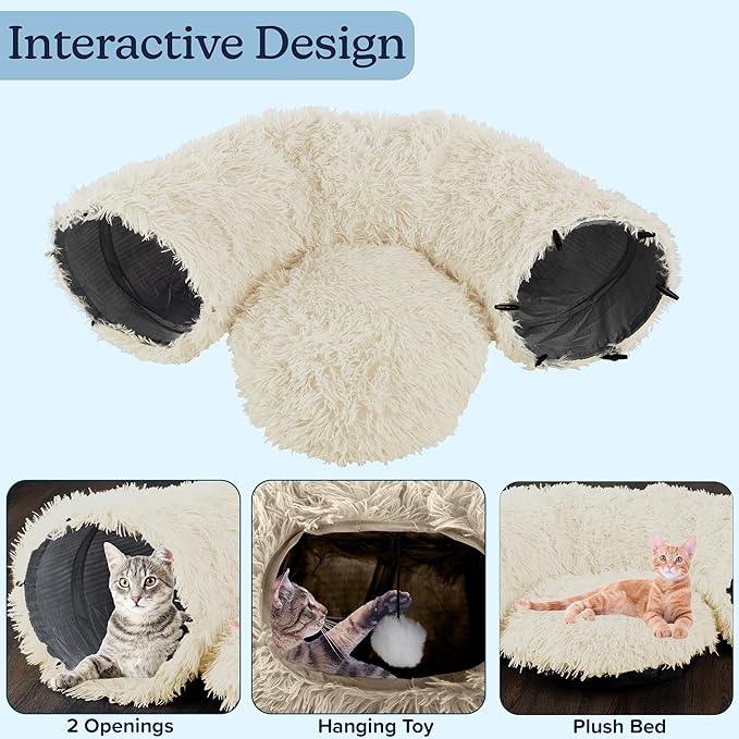 Cat Tunnel with Bed for Indoor Cats - 3FT Multifunctional Cat Tunnel Bed with Toys - Soft, Plush Peekaboo Cat Cave for Kittens, Cats, Ferrets, and Rabbits - Cat Products by PETMAKER (Cream)