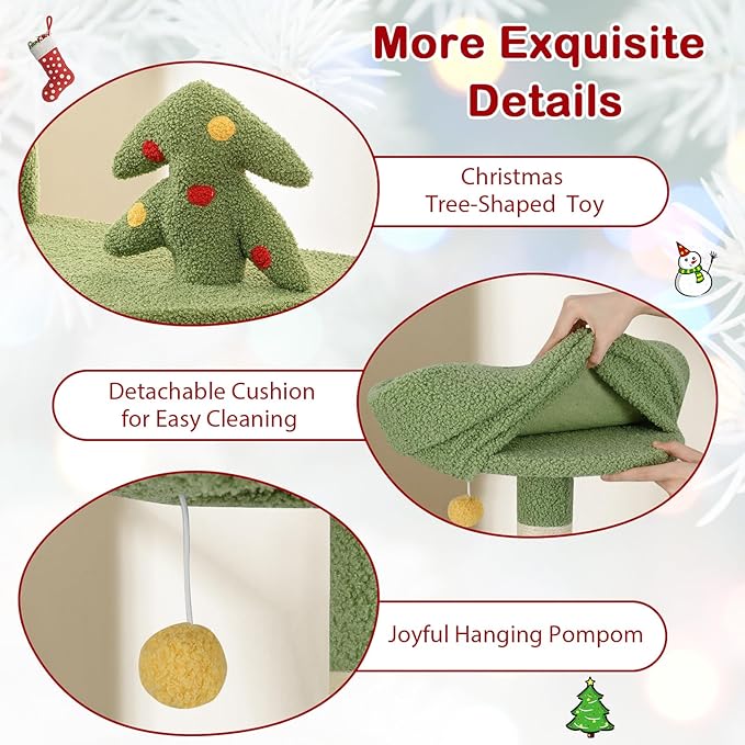 PETSITE 52 inch Cat Christmas Tree, Multi-Level Cat Tower with Sisal Scratching Posts & Board, Cat Condo, Basket Bed, and Detachable Hammock, Cute Cat Tree for Indoor Cats