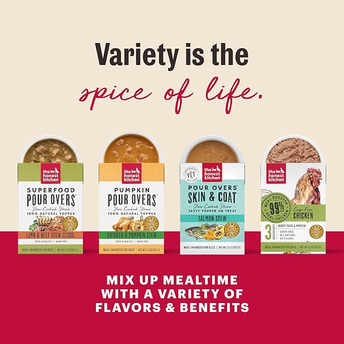 The Honest Kitchen Human Grade Bone Broth POUR OVERS™ Wet Toppers for Dogs (12 pack), 5.5oz - Turkey & Salmon Stew