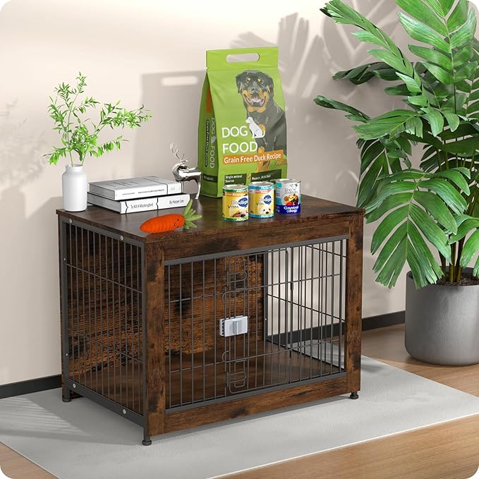 Escape Proof Decorative Dog Crate Furniture with Wooden Top, 32in Furniture Style End Table and Secure Indoor Kennel, Anti Anxiety for All Breeds, Aged Black