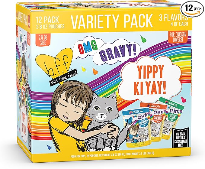 Weruva B.F.F. OMG - Best Feline Friend Oh My Gravy!, Yippy Ki Yay Yellows! Variety Pack, 2.8oz Pouch (Pack of 12)