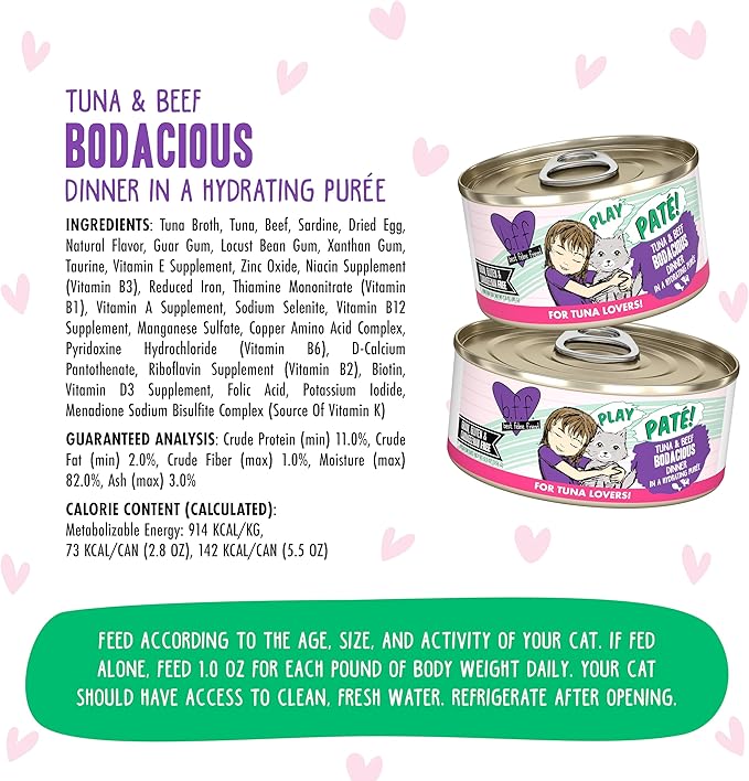Weruva B.F.F. Play - Best Feline Friend Paté Lovers, Aw Yeah!, Tuna & Beef Bodacious with Tuna & Beef, 5.5oz Can (Pack of 8)