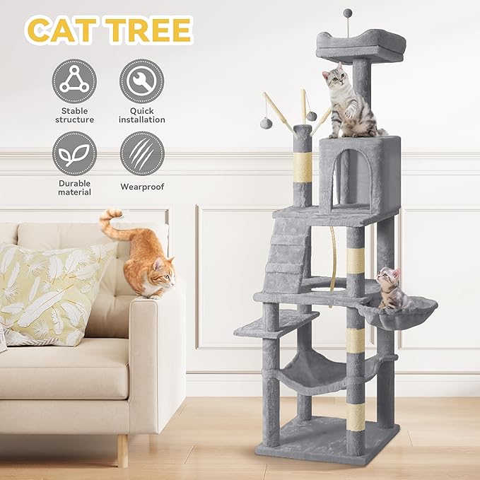DWVO 64.5" Tall Cat Tree, Multi-Tier Cat Condo with Hammock, Scratching Posts & Play Balls for 2-3 Cats (Light Gray)