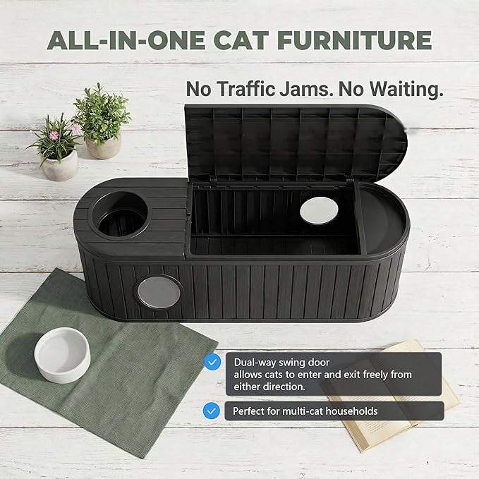 Large Cat Litter Box Enclosure with Hidden Cat Bed, 2-in-1 Resin Cat House Furniture with Flip-Top Lid & Dual-Way Swing Door, Multi-Functional Side Table Bench for Living Room, Easy-Clean Odor Control