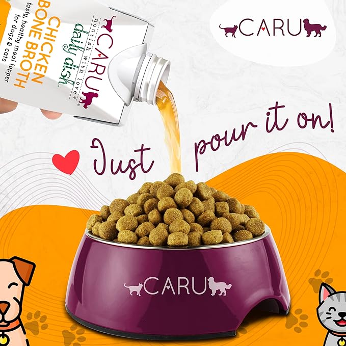 Caru - Daily Dish Chicken Bone Broth - Meal Topper for Dogs & Cats - Supports Overall Pet Health - Pour-Over Broth for Wet/Dry Food - Human Grade Ingredients - Non-GMO - Made in USA - 3 Pack