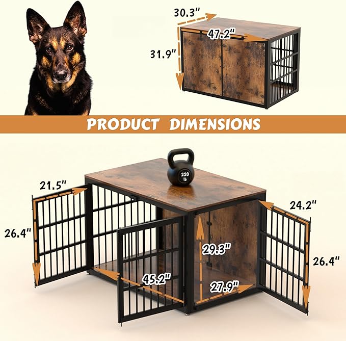 48" Heavy Duty Dog Crate Furniture, Wooden Dog Cage Kennel for Lrage and Extra Large Dogs, Dog Kennel Indoor with Side Door, Decorative Pet House End Table, Brown