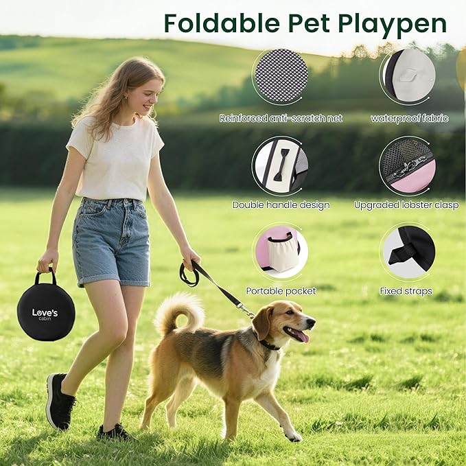 Love's cabin Pet Puppy Dog Playpen, Large Dog Tent Crates Cage Indoor/Outdoor, Portable Exercise Playpen for Cat, Foldable Pop Up Dog Kennel Playpen with Carring Case (L, Light Pink)