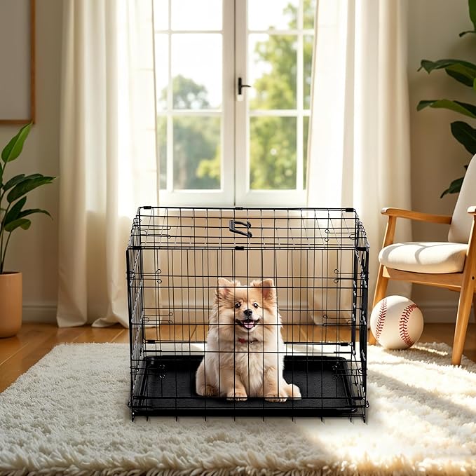 HealSmart 30" Single Door Pet Crate, Sturdy Foldable Metal Wire Dog Cage with Leak-Proof Tray, Portable Indoor & Outdoor Pet Kennel for Travel and Home Use