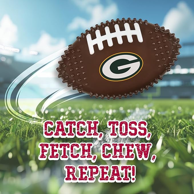 NFL Green Bay Packers Mega- Chew Hard Nylon Bacon-Flavored Dog Bone Football Chew Toy Interactive Tasty Fun Dog Chewy Toys Indestructible Strong Durable Tough Pet Biting Playtoy for Aggressive Chewers