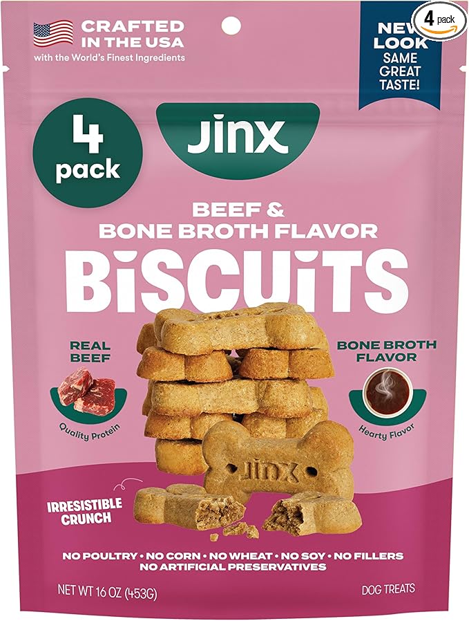 Jinx Oven-Baked Beef Bone Broth Biscuit Treats, Crunchy, All Natural, Superfood-Rich with Real Beef, Pumpkin & Blueberries, 16oz, 4 Pack