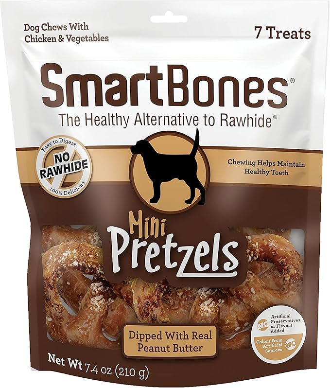 SmartBones Mini Pretzels Dipped With Real Peanut Butter, 7 Count, Rawhide-Free Chews For Dogs, (Pack of 6), Count: 42