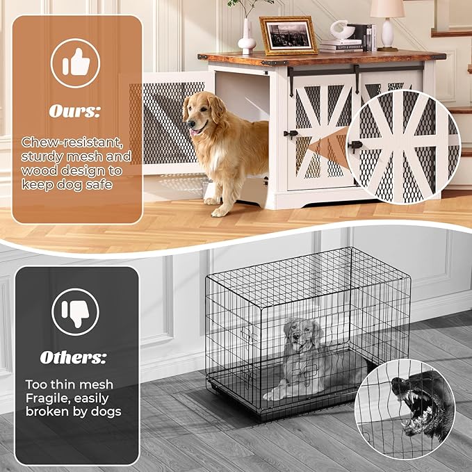 VOPEAK 40" Farmhouse Dog Crate Furniture, Heavy Duty Dog Crate for Medium Large Dogs, Wood Dog Cage Dog Kennel Indoor with Double Doors, Chew Resistant End Table for Bedroom Living Room, White