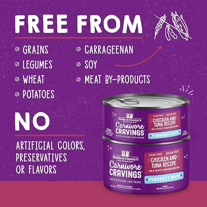 Stella & Chewy's Carnivore Cravings Purrfect Paté - Premium Grain-Free Wet Cat Food - Chicken & Tuna Recipe - High Protein with Bone Broth - Perfect for Picky Eaters - 2.8oz Cans (12 Pack)