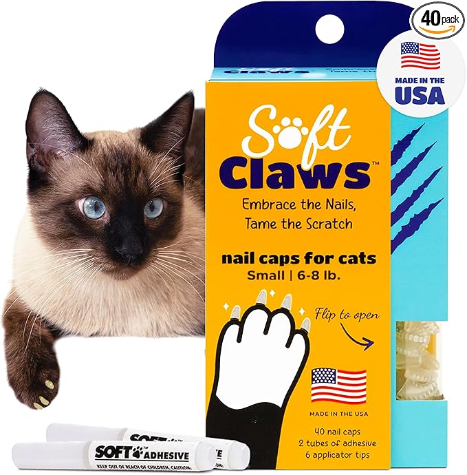 Soft Claws Cat Nail Caps for Small Cats – (40 Caps, Clear) - Made in USA - Veterinarian-Developed, Non-Toxic | Protects Furniture & Skin - Easy to Apply, Long-Lasting Anti-Scratch Soft Cat Claw Covers