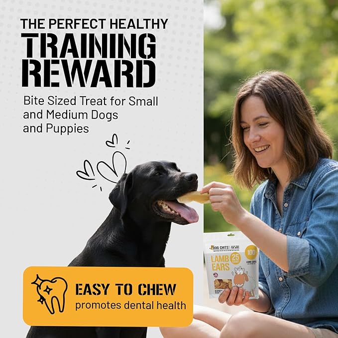 Dog Chits Lamb Ears for Dogs – 100% Natural Baked Lamb Ear Dog Treats – Grain-Free, High Protein, Lower Fat Training Chews – Dental Health & Joint Support – for Large, Medium Dogs – 25 Pack