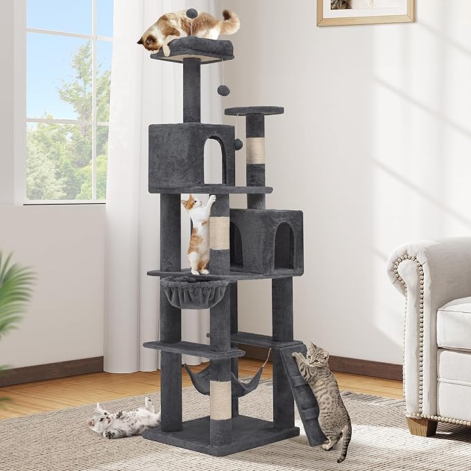 DWVO 75-inch Indoor Cat Tree Tower, Multi-Level Pet Playground, Cat Furniture with Scratch Posts, Hideaway Condos, Soft Perch, Snug Hammock, Climbing Ladder, and Plush Balls for Kittens (Dark Gray)