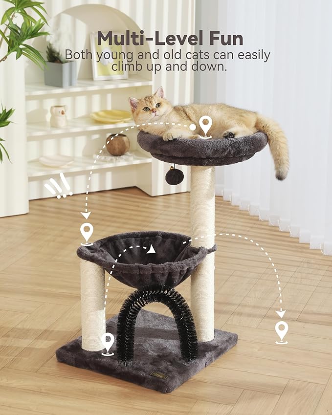 Small Cat Tree Tower for Indoor Cats, 27.8" Multi-Level Cat Tree with Scratching Posts| Plush Hammock| Perch| Self Groomer Brush| Dangling Ball for Kittens/Small Cats Play & Rest