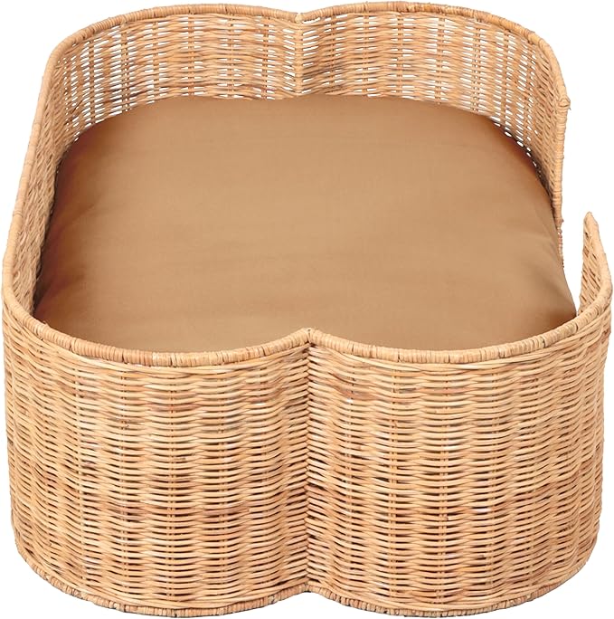 DBD1003B Scallop Handwoven Water Hyacinth Pet Bed with Machine Washable Cushion, 31" x 20" Wicker Cat and Dog Bed for Medium to Large Pets, Boho Tropical Style Basket, Light Brown