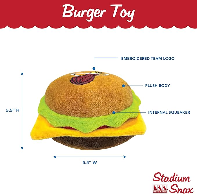 Pets First NBA Miami Heats Cheese Burger Plush Dog & CAT Squeak Toy - Cutest Stadium HAMBERGER Snack Plush Toy for Dogs & Cats with Inner Squeaker & Beautiful Basketball Team Name/Logo, Team Color
